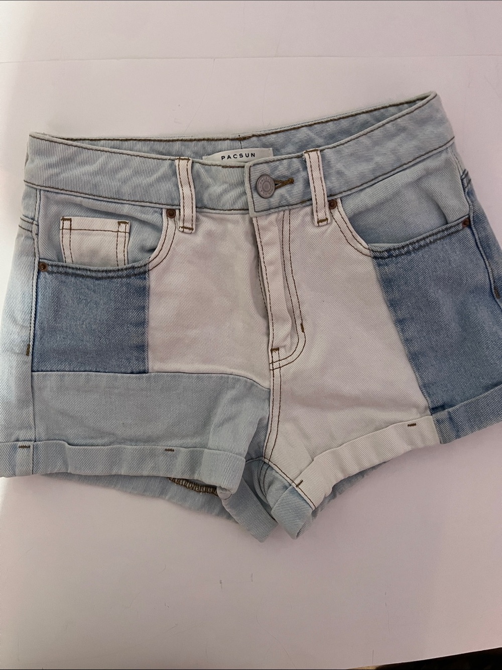 PacSun Women's Light and Medium Blue Patchwork Denim Mom’s Shorts Size 25